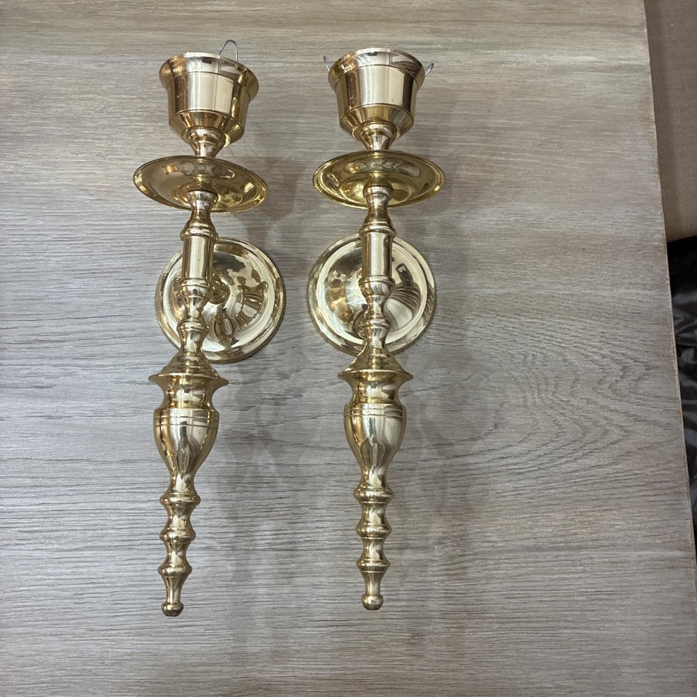 TWO Vintage Brass Candle Wall Sconces 12" Long